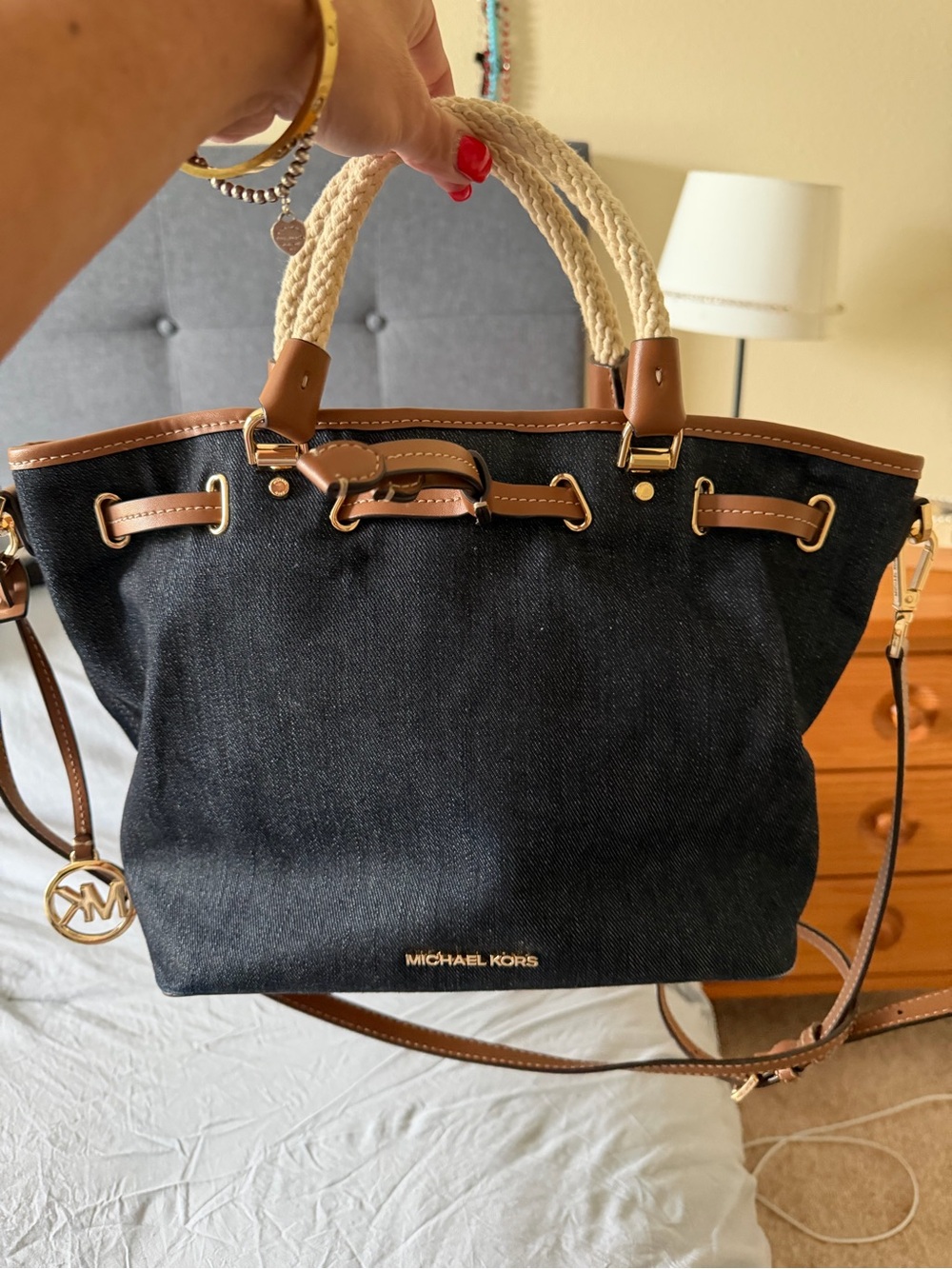 Michael Kors Black Denim Tote with Brown Leather Trim and Cream Rope Handles